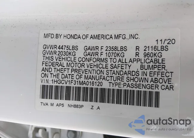 1HGCV1F31MA016120: 44005527