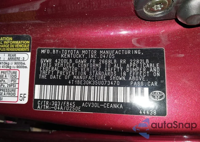 4T1BE30K35U073470: 44007483