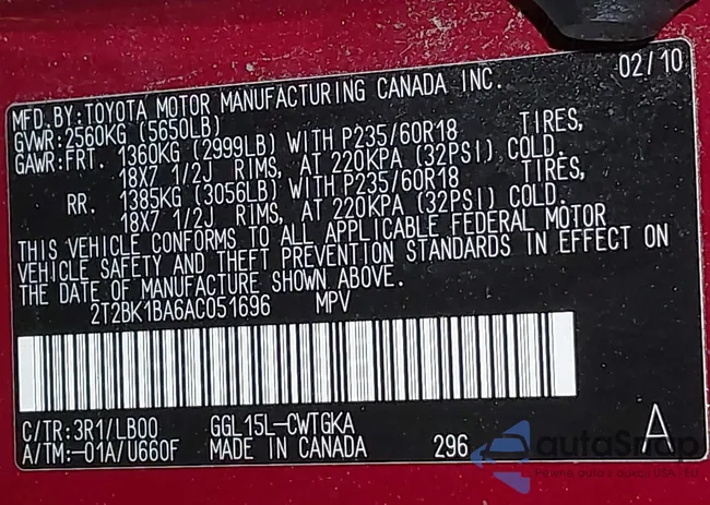 2T2BK1BA6AC051696: 44010904