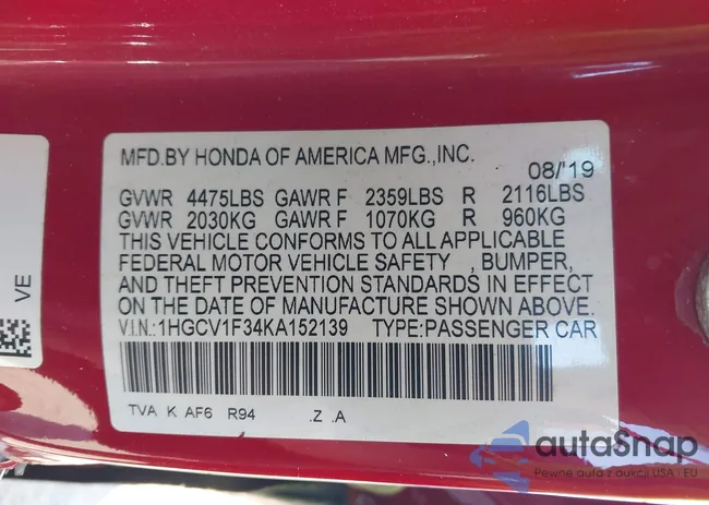 1HGCV1F34KA152139: 44010949