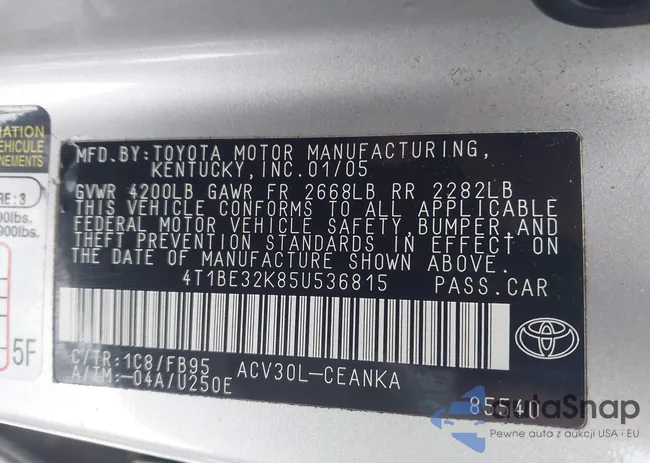 4T1BE32K85U536815: 44011225