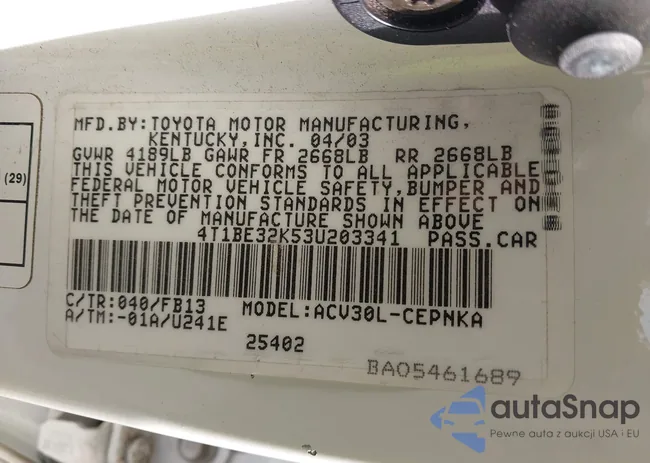 4T1BE32K53U203341: 44011477