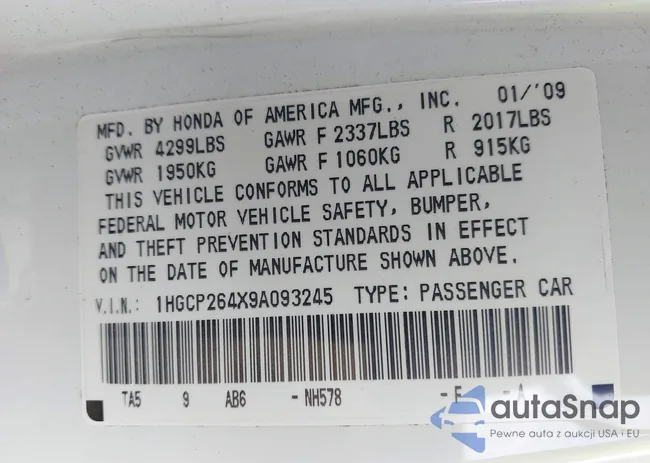 1HGCP264X9A093245: 44013335