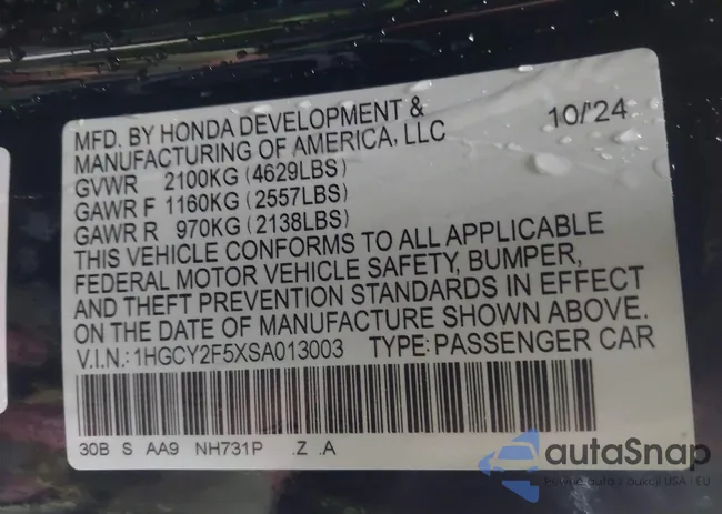 1HGCY2F5XSA013003: 44013429