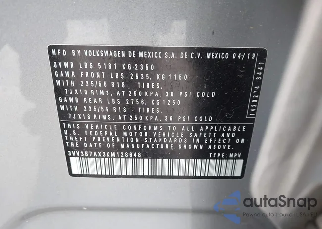 3VV3B7AX3KM128648: 44014657