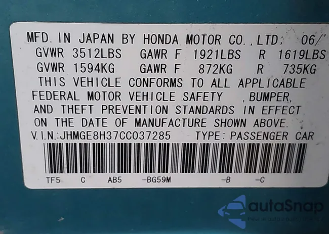 JHMGE8H37CC037285: 44016213