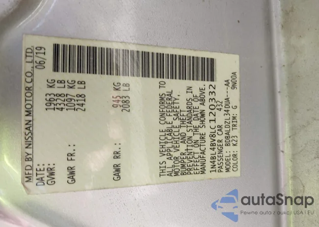 1N4BL4BV8LC120332: 44018949