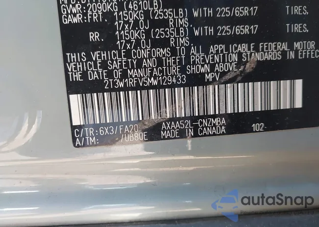 2T3W1RFV5MW129433: 44020490