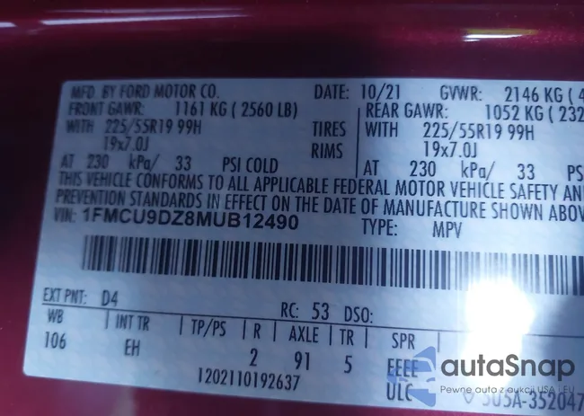 1FMCU9DZ8MUB12490: 44020627