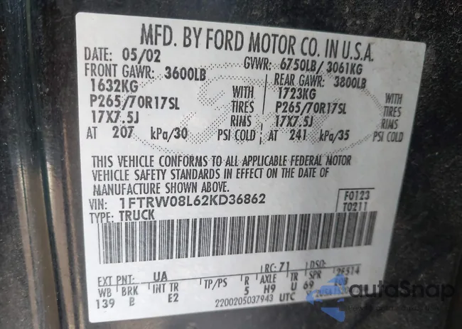 1FTRW08L62KD36862: 44023925