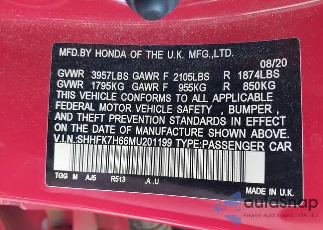 SHHFK7H66MU201199: 44024469