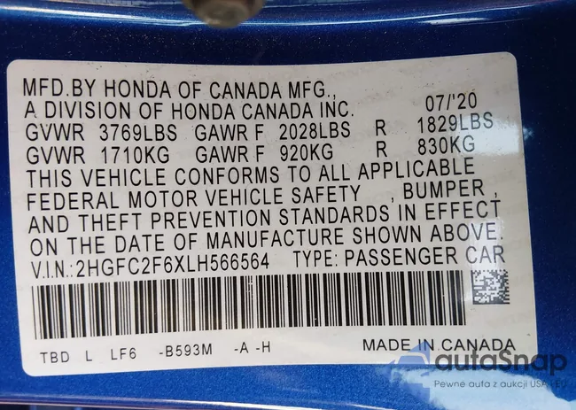 2HGFC2F6XLH566564: 44032545