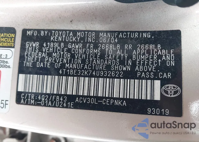 4T1BE32K74U932622: 44034203