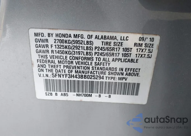 5FNYF3H43BB025294: 44034852