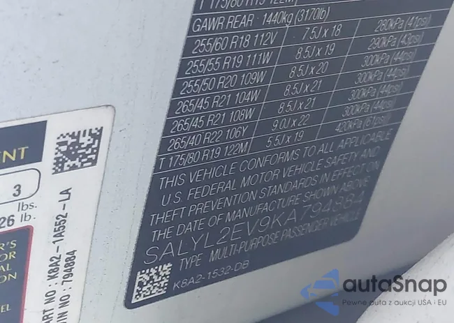 SALYL2EV9KA794884: 44038140