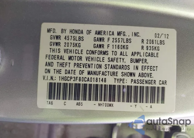 1HGCP3F80CA018148: 44045155