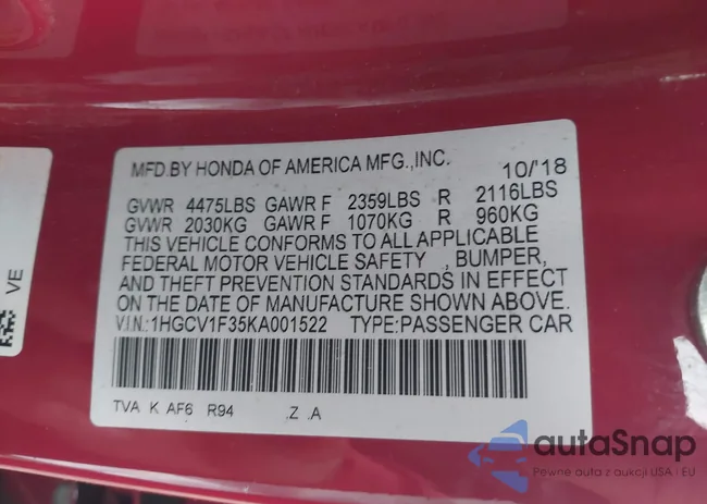 1HGCV1F35KA001522: 44046682