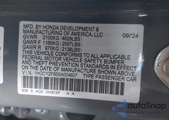 1HGCY2F85SA004607: 44048057