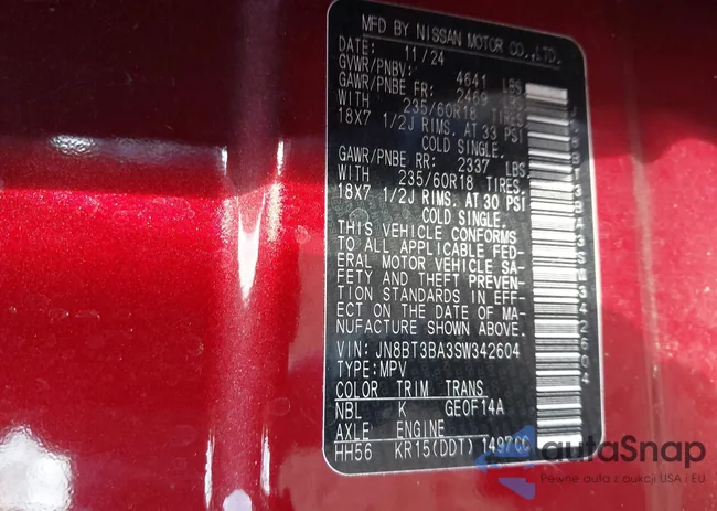 JN8BT3BA3SW342604: 44052402