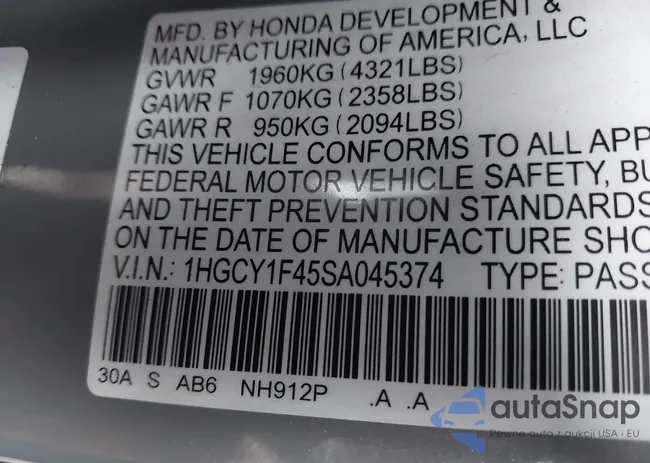 1HGCY1F45SA045374: 44052446