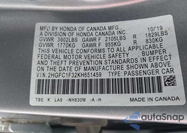 2HGFC1F32KH651459: 44055761