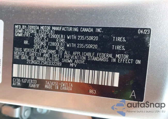 2T2KGCEZ5RC032289: 44060701