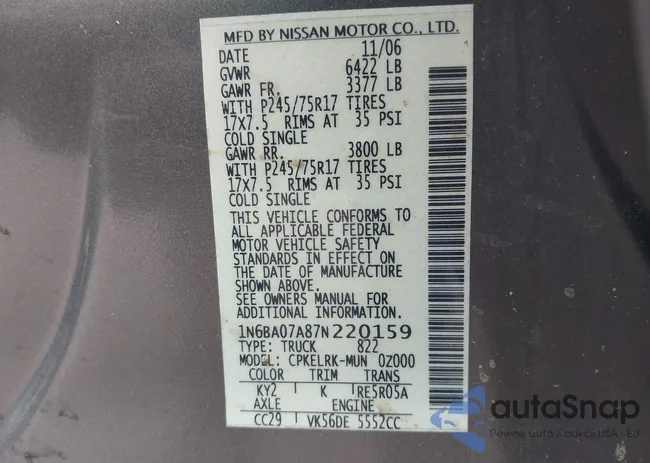 1N6BA07A87N220159: 44061010