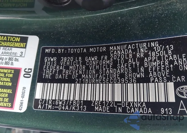 2T1BURHE5EC039536: 44061523