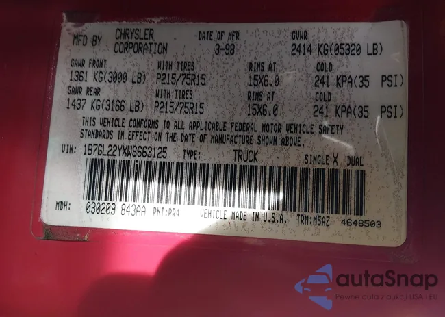 1B7GL22YXWS663125: 44064783