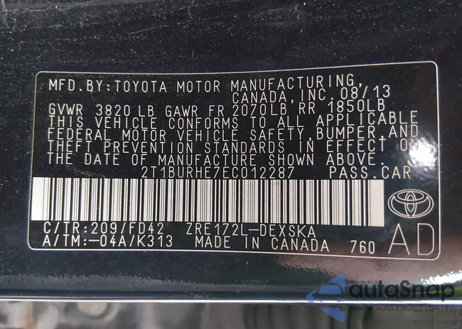 2T1BURHE7EC012287: 44067700