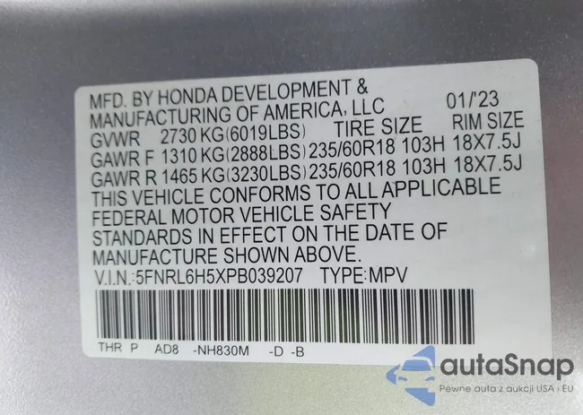 5FNRL6H5XPB039207: 44069381