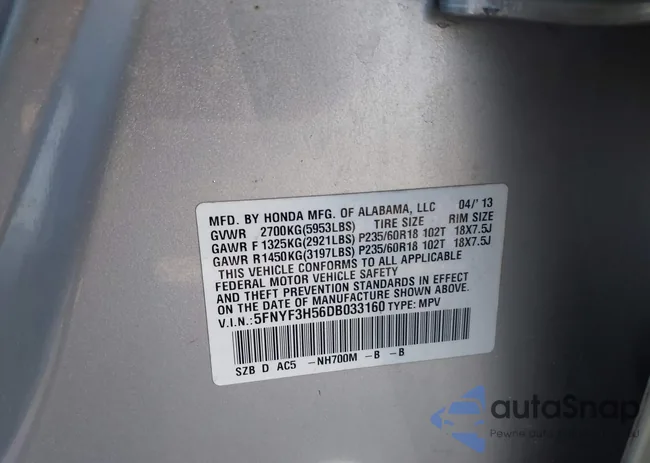 5FNYF3H56DB033160: 44071493