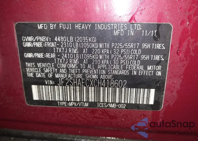 JF2SHAECXCH418602: 44074249