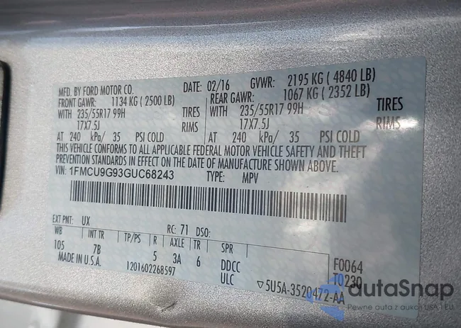 1FMCU9G93GUC68243: 44084357