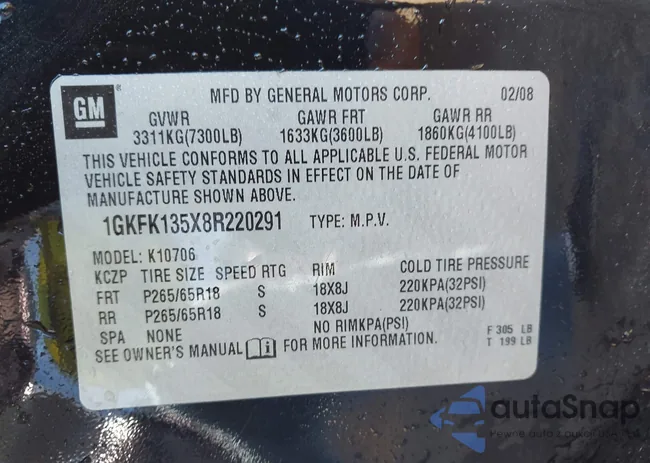 1GKFK135X8R220291: 44085617