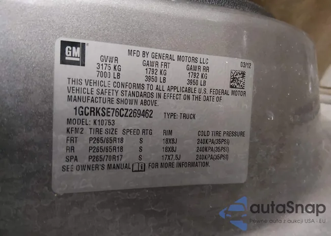 1GCRKSE76CZ269462: 44085824