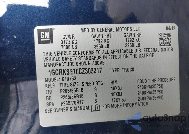 1GCRKSE70CZ303217: 44085524