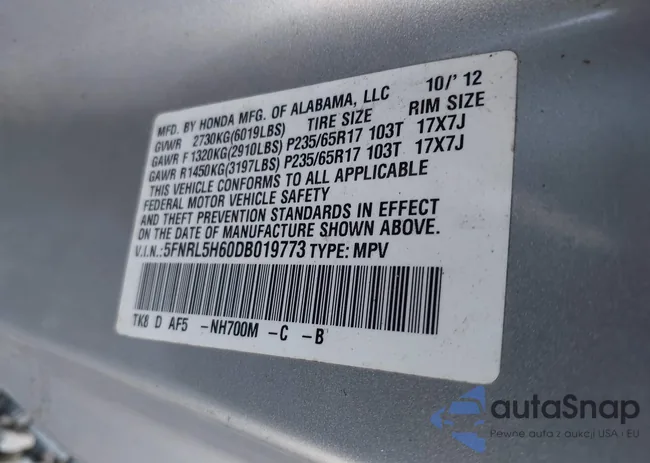 5FNRL5H60DB019773: 44087748