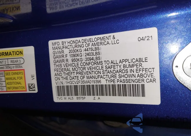 1HGCV2F35MA019396: 44091140