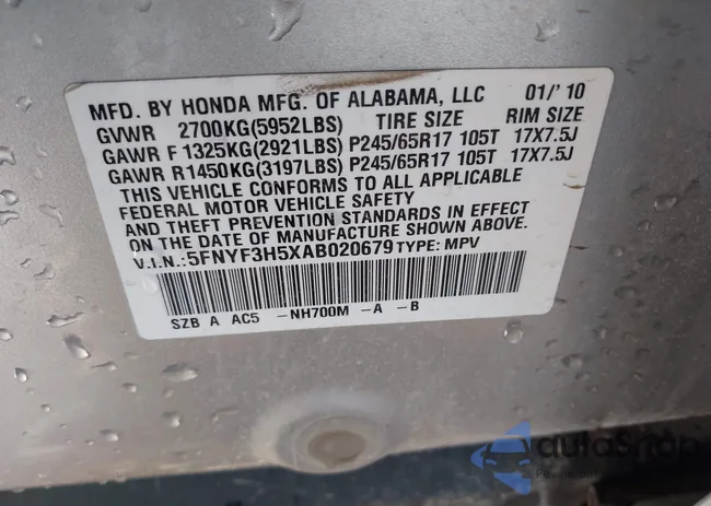 5FNYF3H5XAB020679: 44091583