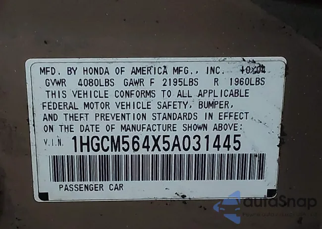 1HGCM564X5A031445: 44092012