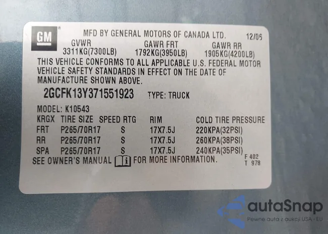2GCFK13Y371551923: 44092703