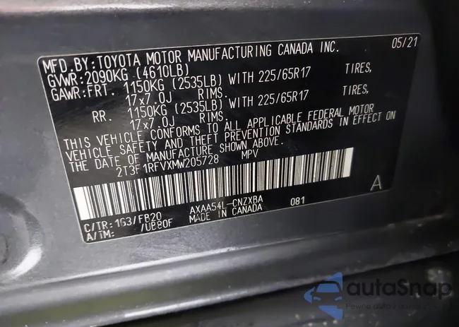 2T3F1RFVXMW205728: 44092204