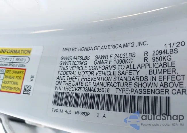 1HGCV2F32MA005018: 44092308