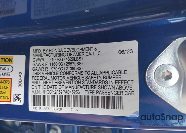 1HGCY2F52PA045256: 44100042