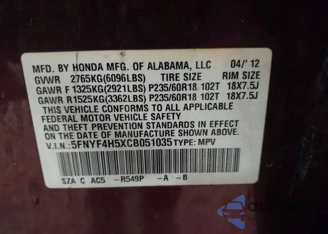 5FNYF4H5XCB051035: 44100705