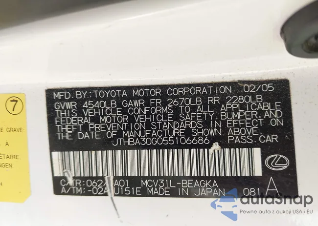 JTHBA30G055106686: 44100477