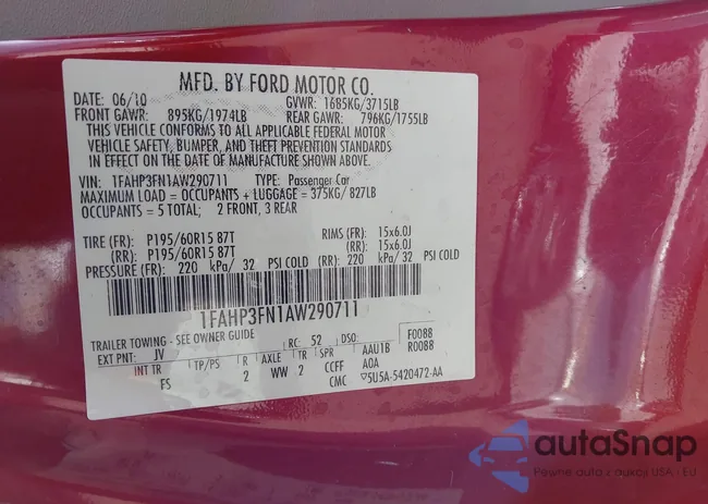 1FAHP3FN1AW290711: 44105857