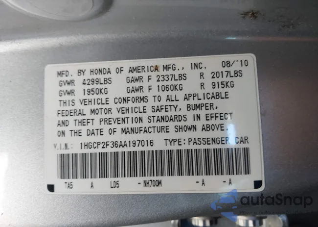 1HGCP2F36AA197016: 44107740