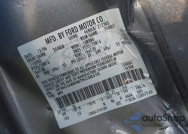 1FMCU49H67KC08315: 44108161